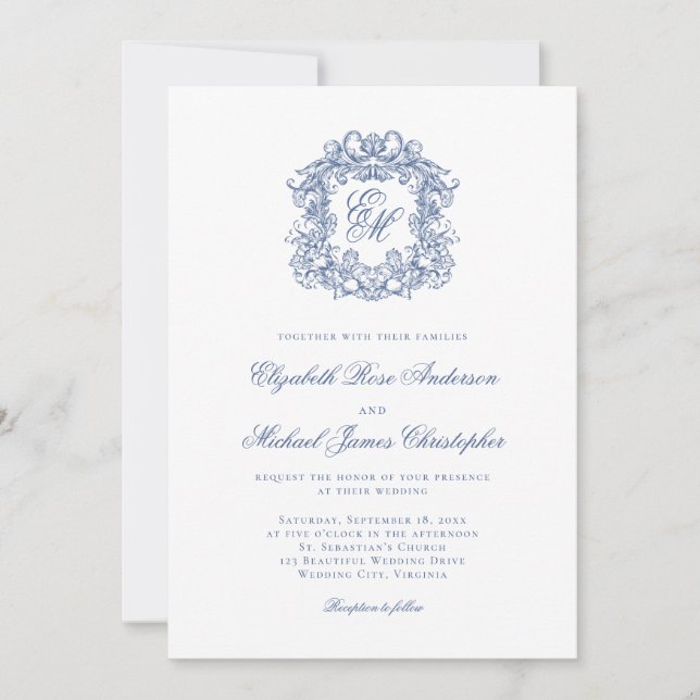 Convites Elegant French Blue Monogram Crest Wedding (Frente)