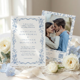 Convites Elegant French Blue Vintage Photo QR Code Wedding
