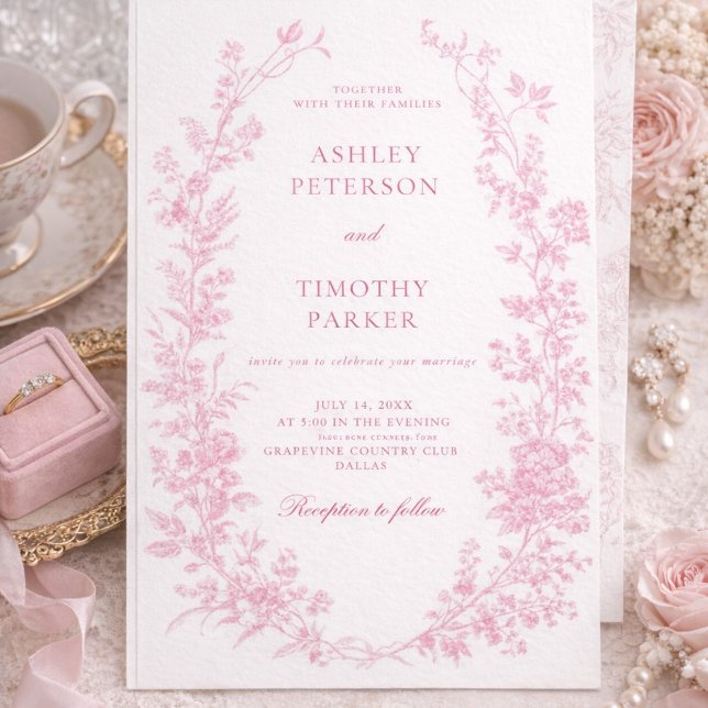 Convites Elegant French Pink Toile Floral Wedding  (Criador carregado)