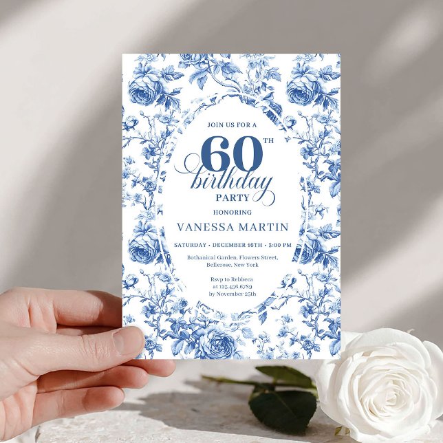 Convites Elegant French Toile Blue Roses 60th Birthday   (Elegant French Toile Blue Roses 60th Birthday Invite)