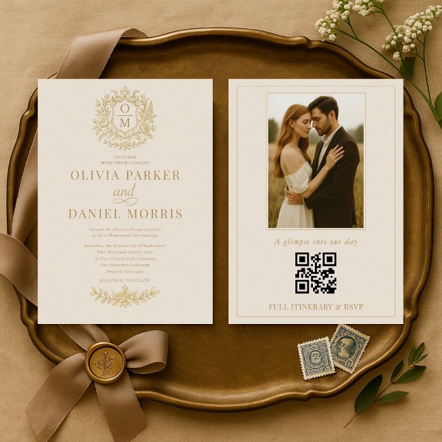 Convites Elegant French Victorian Photo QR Code Wedding (Criador carregado)