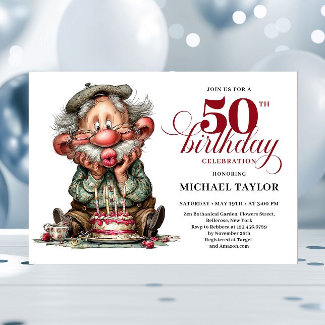 Convites Elegant Funny Man 50th Birthday Humor Cartoon  (funny man 50th birthday, 
trendy colors burgundy red, 
party invitation,
whimsical humor,
quirky, 
p)