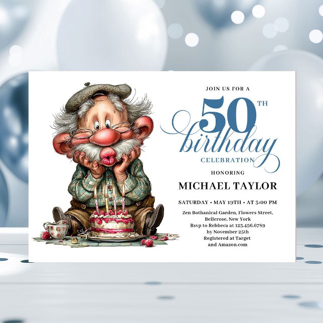 Convites Elegant Funny Man 50th Birthday Humor Cartoon  (Funny Bold Man Turning 50 Quirky Birthday Invite)