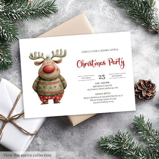 Convites Elegant Funny Reindeer red green holiday card (Elegant Funny Reindeer red green holiday card)