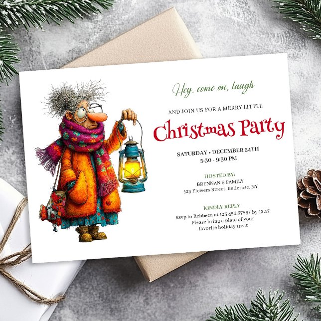Convites Elegant Funny Woman Comic Christmas Editable  (Festive Funny Woman Editable Christmas Invite Digital)