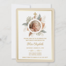 Convites Elegant Girl Baptism Greenery Cross Photo  Invitat