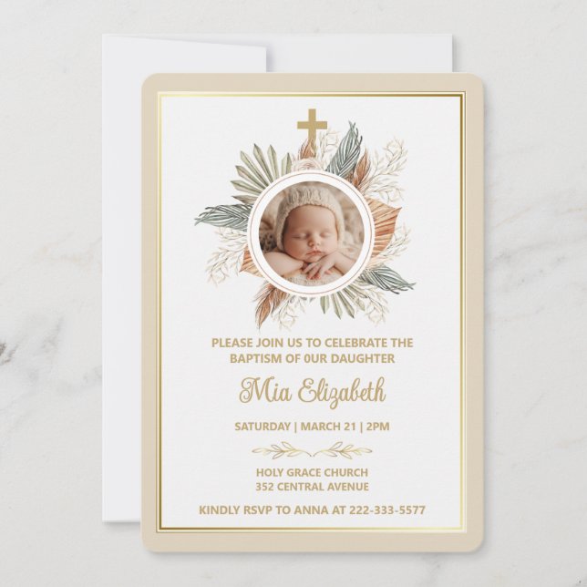 Convites Elegant Girl Baptism Greenery Cross Photo  Invitat (Frente)