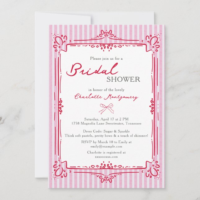 Convites Elegant Glam Frame & Pink Stripes Bridal Shower (Frente)