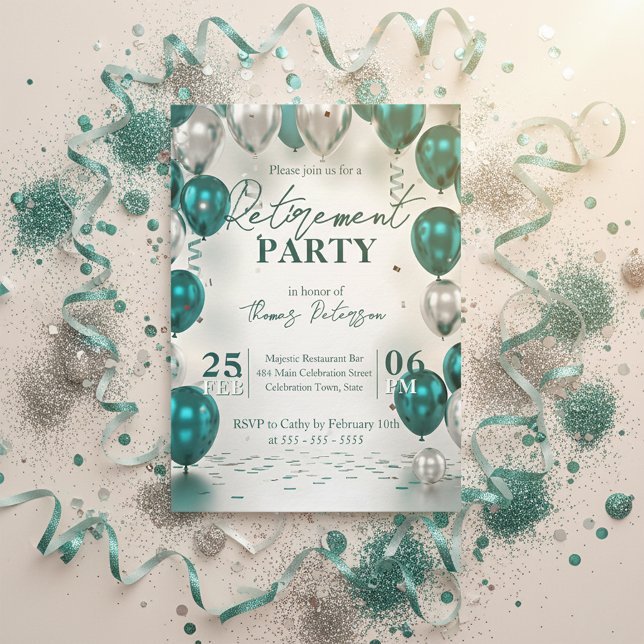 Convites Elegant Glam Teal Silver Balloons Retirement Party (Criador carregado)