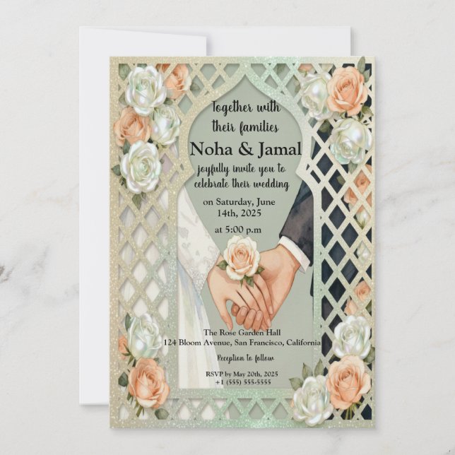 Convites Elegant Glitter Roses Arch Romantic Couple Hands (Frente)