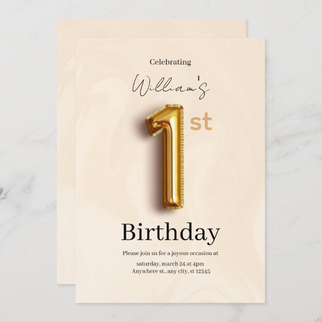 Convites Elegant Gold 1st Birthday Invite, Minimalist Boy  (Frente/Verso)