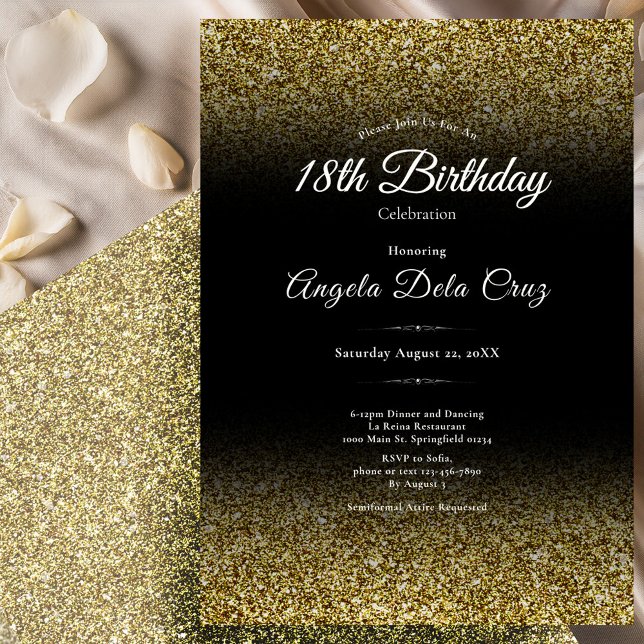 Convites Elegant Gold and Black Glitter 18th Birthday Debut (Criador carregado)