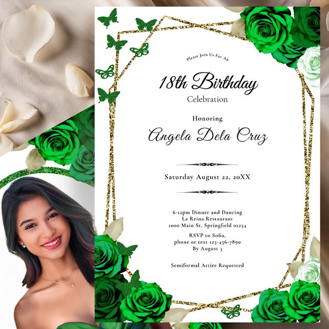 Convites Elegant Gold and Green Rose 18th Birthday Debut  (Criador carregado)