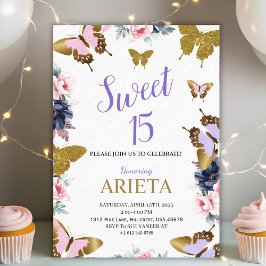 Convites Elegant gold and pink butterfly birthday invitatio