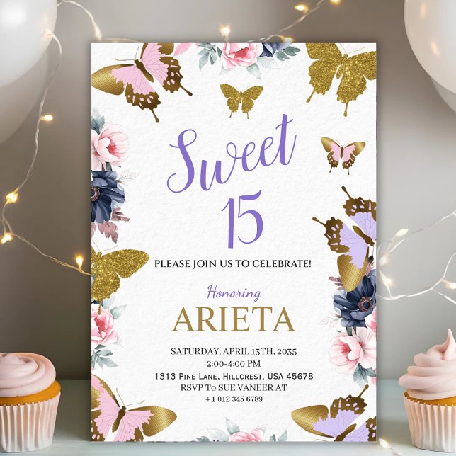 Convites Elegant gold and pink butterfly birthday invitatio (Criador carregado)