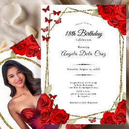 Convites Elegant Gold and Red Roses 18th Birthday Debut