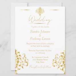 Convites Elegant Gold and White Damask Wedding Invitation