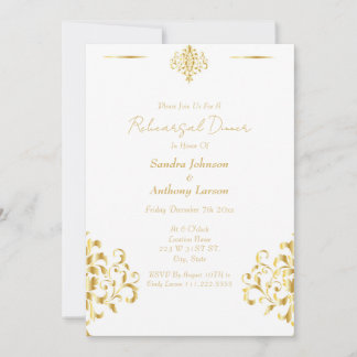 Convites Elegant Gold and White Damask Wedding Rehearsal
