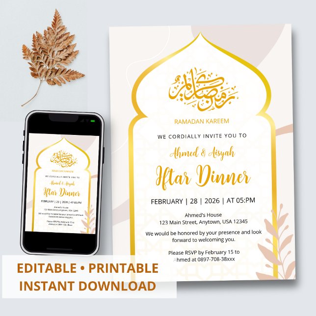 Convites Elegant Gold Arch Islamic Iftar Party Invitation (Criador carregado)