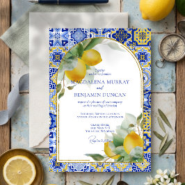 Convites Elegant Gold Arch Italian Blue Tile Lemons Wedding
