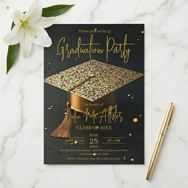 Convites Elegant Gold Black Faux Glitter Cap Graduation (Criador carregado)