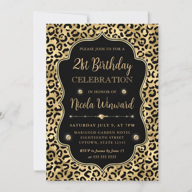 Convites Elegant Gold & Black Leopard Print Birthday Party (Frente)