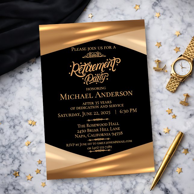Convites Elegant Gold Black Retirement Party  (Elegant Gold Black Retirement Party Invitation)