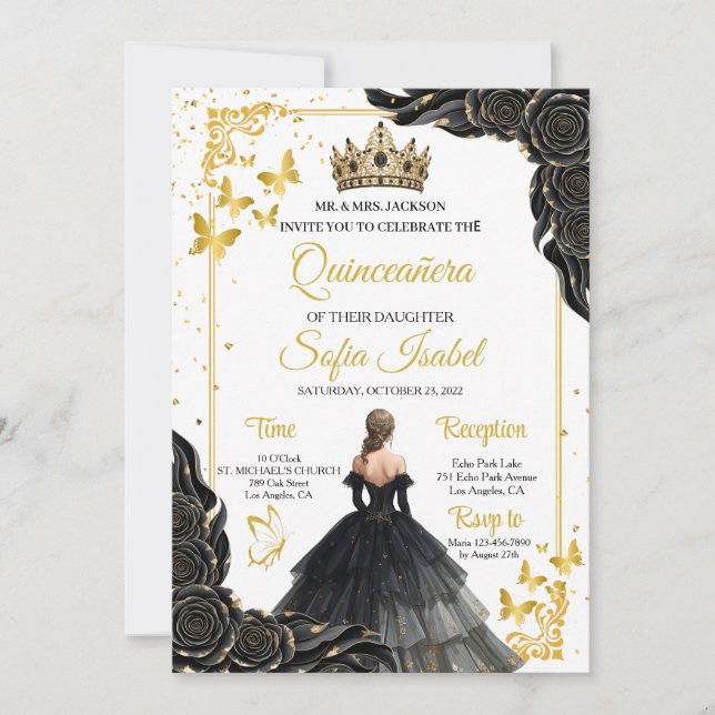 Convites Elegant Gold Black Royal Quinceañera Invite (Frente)