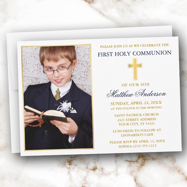 Convites Elegant Gold Blue First Holy Communion Photo (Customize to change text size, text style or color.)