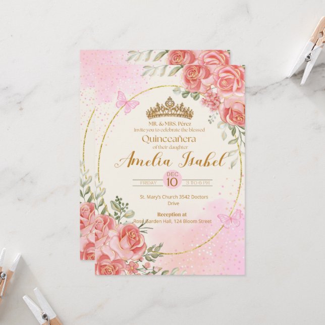 Convites Elegant Gold & Blush Quinceañera Invitation (Frente/Verso In Situ)