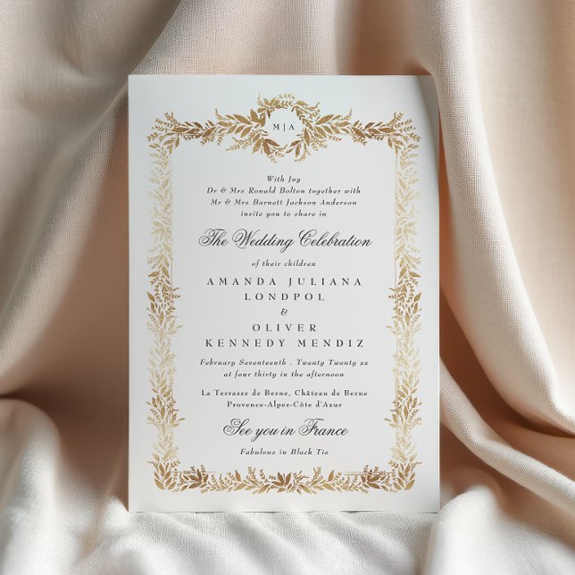 Convites elegant gold botanical frame monogram wedding (Criador carregado)