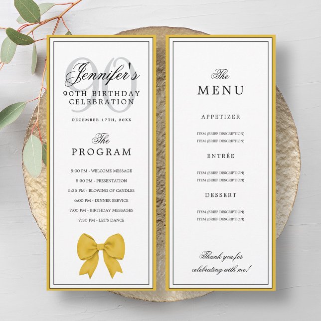 Convites Elegant Gold Bow 90th Birthday Program + Menu  (Elegant Gold Bow 90th Birthday Program + Menu )