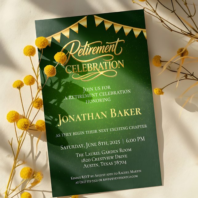Convites Elegant Gold Bunting Green Retirement Celebration  (Elegant Gold Bunting Green Retirement Celebration Invitation)