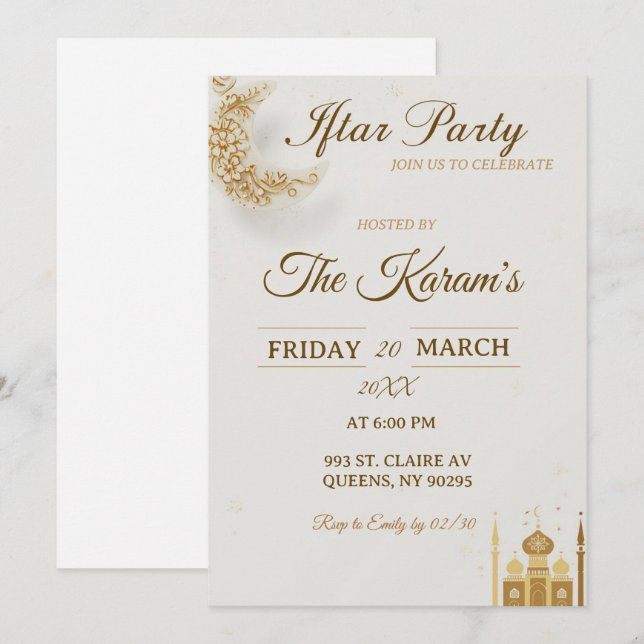 Convites Elegant Gold Crescent Moo, Ramadan Iftar Party  (Frente/Verso)