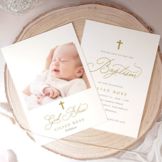 Convites Elegant Gold Cross Calligraphy Photo Baptism