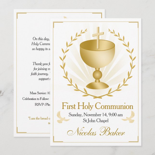 Convites Elegant Gold Cross Chalice First Holy Communion (Frente/Verso)