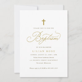 Convites Elegant Gold Cross Script Calligraphy Baptism