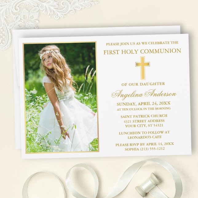 Convites Elegant Gold First Holy Communion Photo (Customize to change text size, text style or color.)