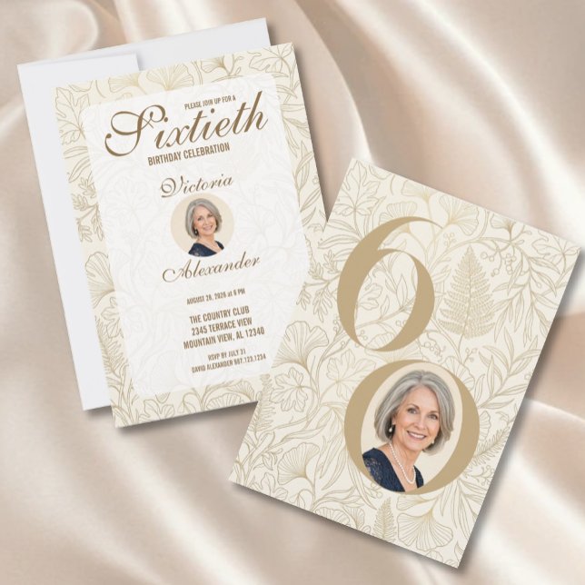 Convites Elegant Gold Floral 60th Birthday Photo (Elegant Gold Floral 60th Birthday Photo Invitation)