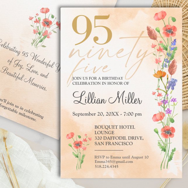 Convites Elegant Gold Floral 95th Birthday, 95 Years Invite (Criador carregado)
