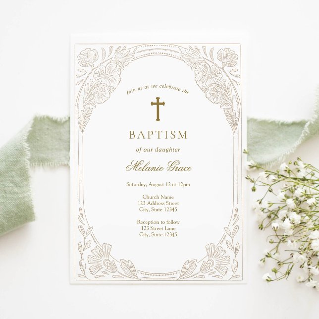 Convites Elegant Gold Floral Baptism Invitation (Criador carregado)