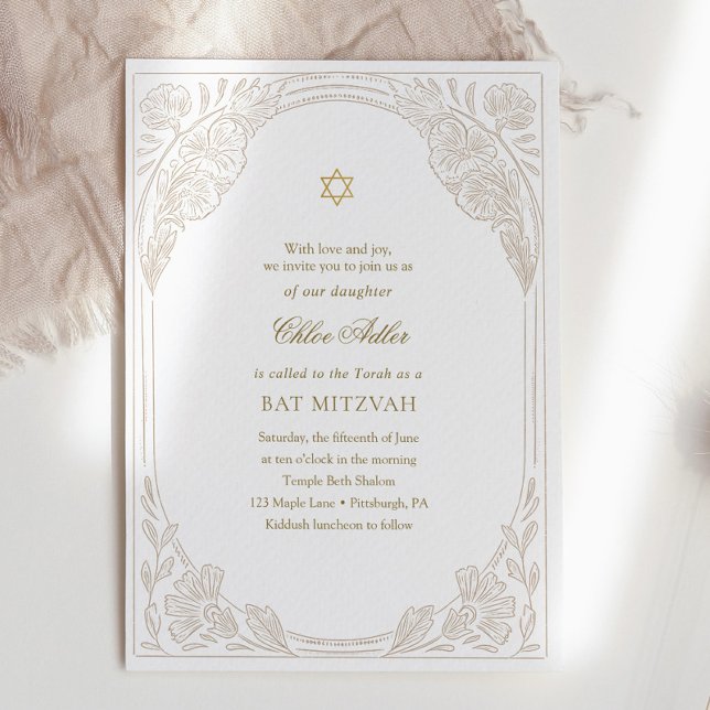 Convites Elegant Gold Floral Bat Mitzvah  (Criador carregado)