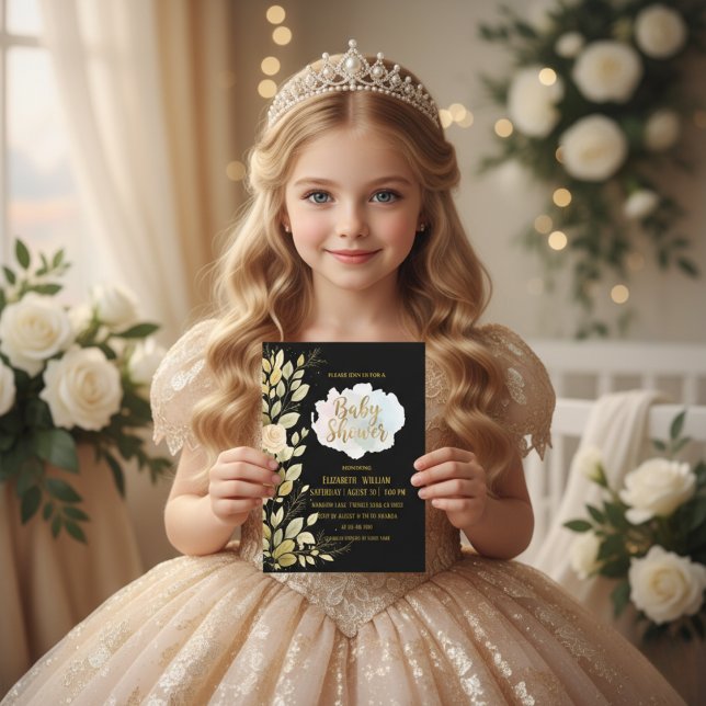 Convites Elegant Gold Floral Black Baby Shower Invitation (Criador carregado)