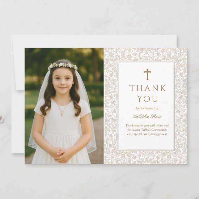 Convites Elegant Gold Floral Communion Thank You Card (Frente)