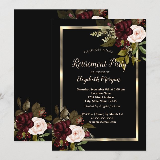 Convites Elegant Gold Floral Frame Burgundy Roses Black  (Frente/Verso)