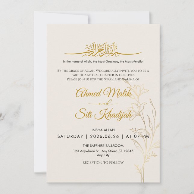 Convites Elegant Gold Floral Islamic Wedding Nikah (Frente)