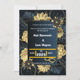 Convites Elegant Gold Floral Navy Holiday Wedding Invite