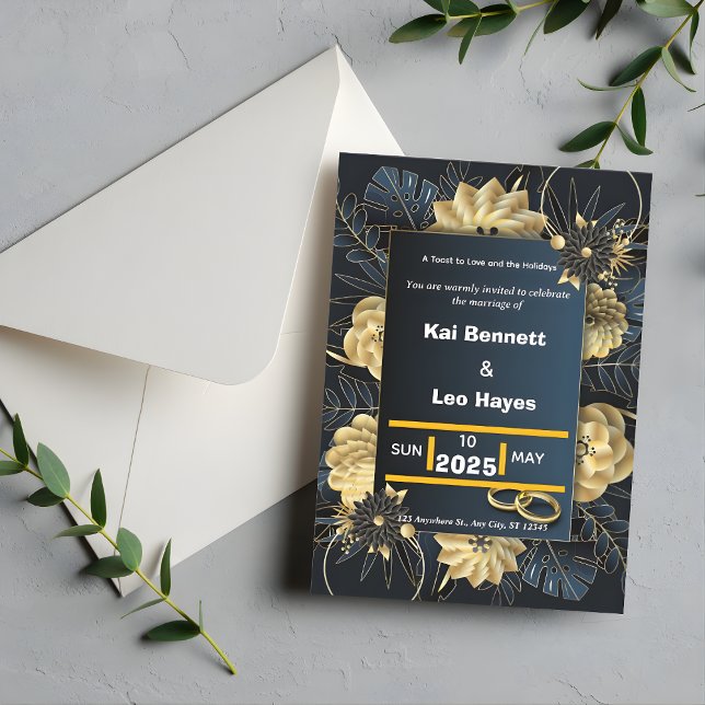 Convites Elegant Gold Floral Navy Holiday Wedding Invite (Elegant Gold Floral Navy Holiday Wedding Invite)