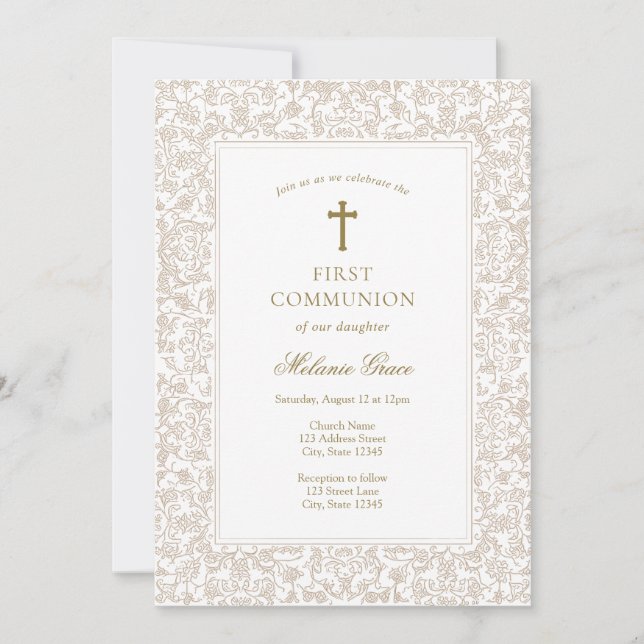 Convites Elegant Gold Floral Traditional First Communion  (Frente)