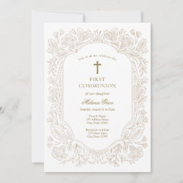 Convites Elegant Gold Floral Traditional First Communion 